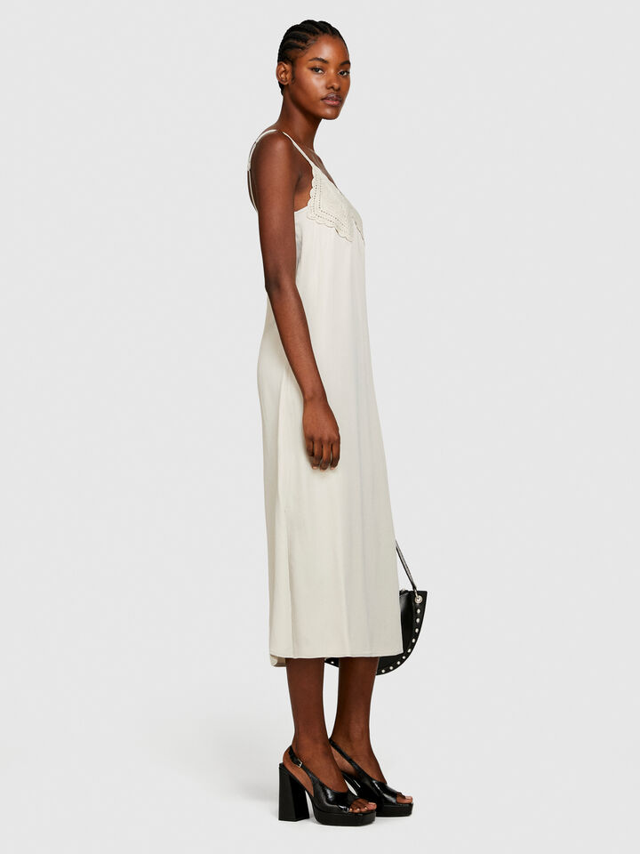 Satin dress with crochet - women's midi dresses - Creamy White | Sisley image number 2